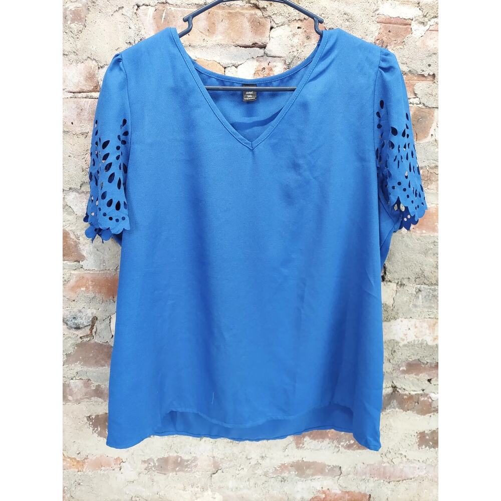 Shein Curve Womens Plus Blouse Top 1XL Blue Laser Cut Short Sleeve